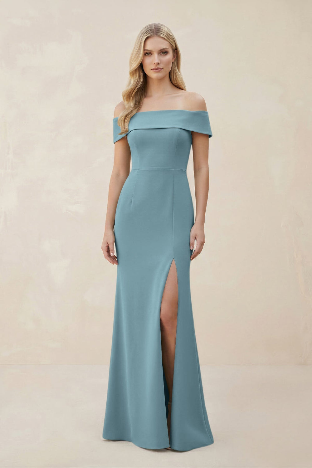 Off-the-Shoulder Satin Sheath Bridesmaid Dress With Slit in Dusty Blue