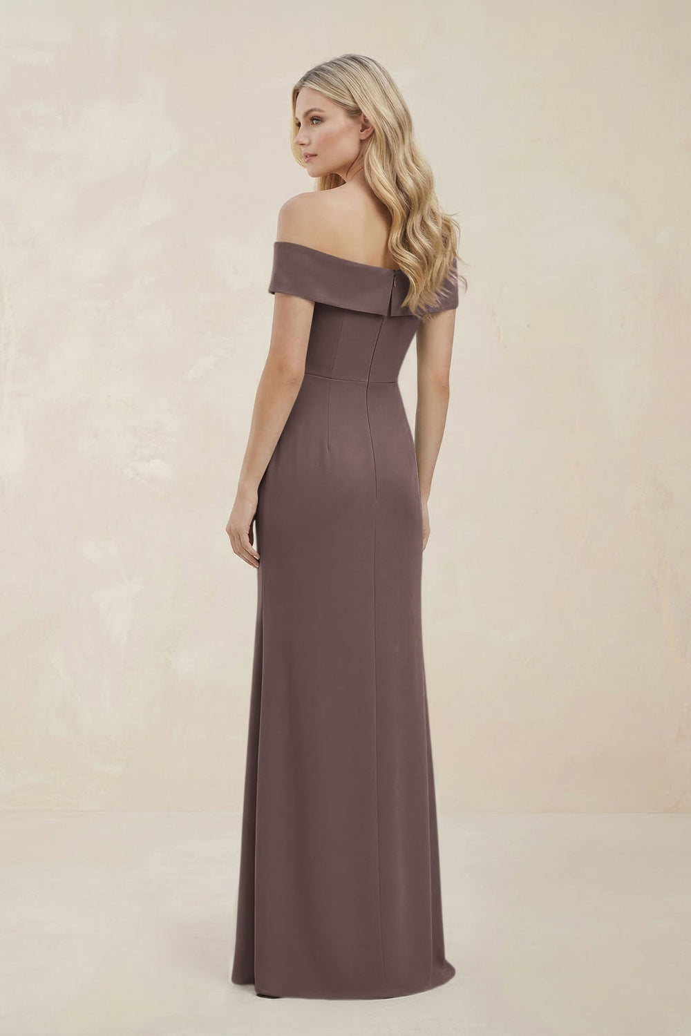 Off-the-Shoulder Satin Sheath Bridesmaid Dress With Slit in Espresso