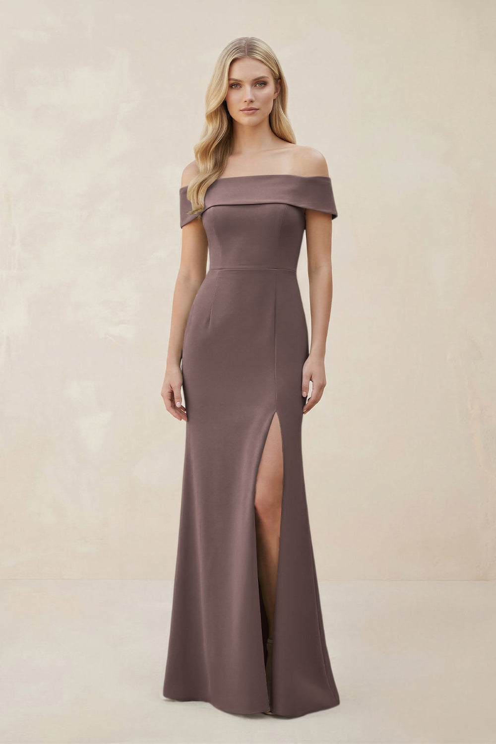 Off-the-Shoulder Satin Sheath Bridesmaid Dress With Slit in Espresso