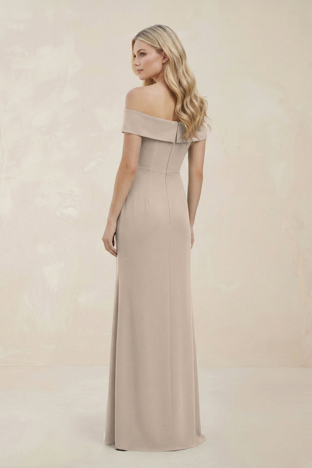 Off-the-Shoulder Satin Sheath Bridesmaid Dress With Slit in Neutral Champagne