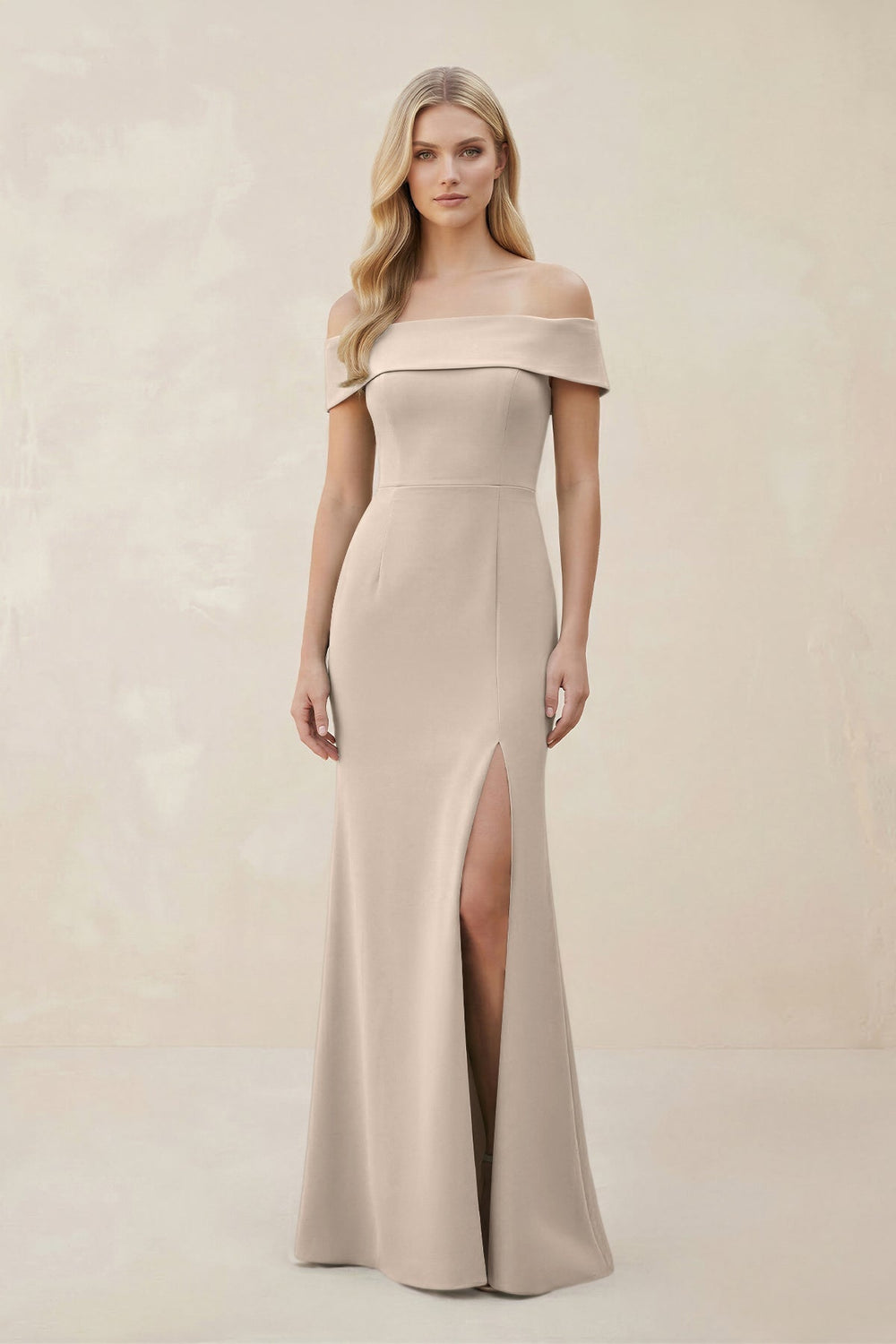 Off-the-Shoulder Satin Sheath Bridesmaid Dress With Slit in Neutral Champagne
