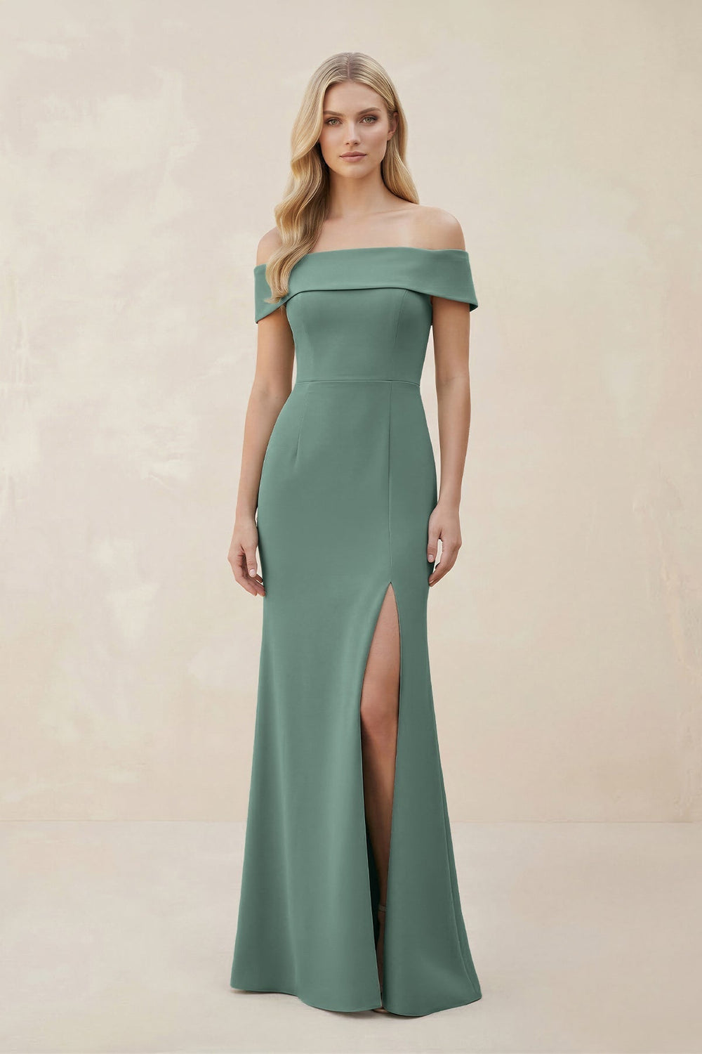 Off-the-Shoulder Satin Sheath Bridesmaid Dress With Slit in Sea Glass