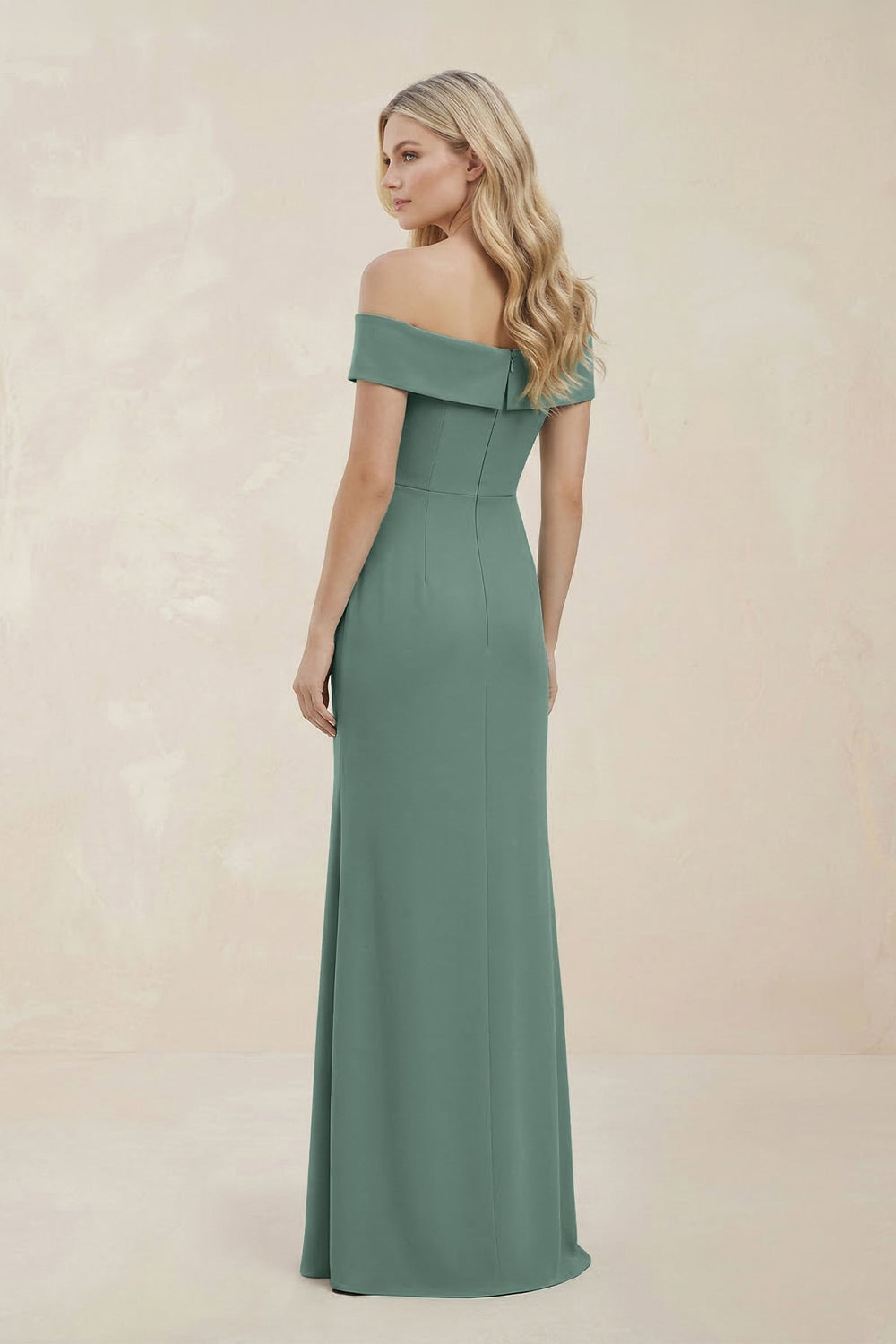 Off-the-Shoulder Satin Sheath Bridesmaid Dress With Slit in Sea Glass