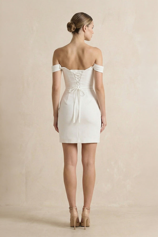 Off The Shoulder Satin Sheath Wedding Dress in Ivory - KISS BRIDAL Wedding Dresses