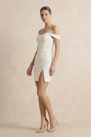 Off The Shoulder Satin Sheath Wedding Dress in Ivory - KISS BRIDAL Wedding Dresses