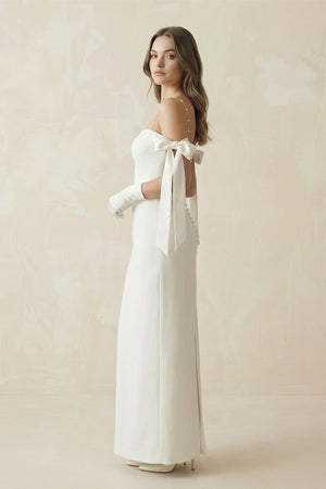 Off The Shoulder Satin Sheath Wedding Dress with Pearl in White - KISS BRIDAL Wedding Dresses