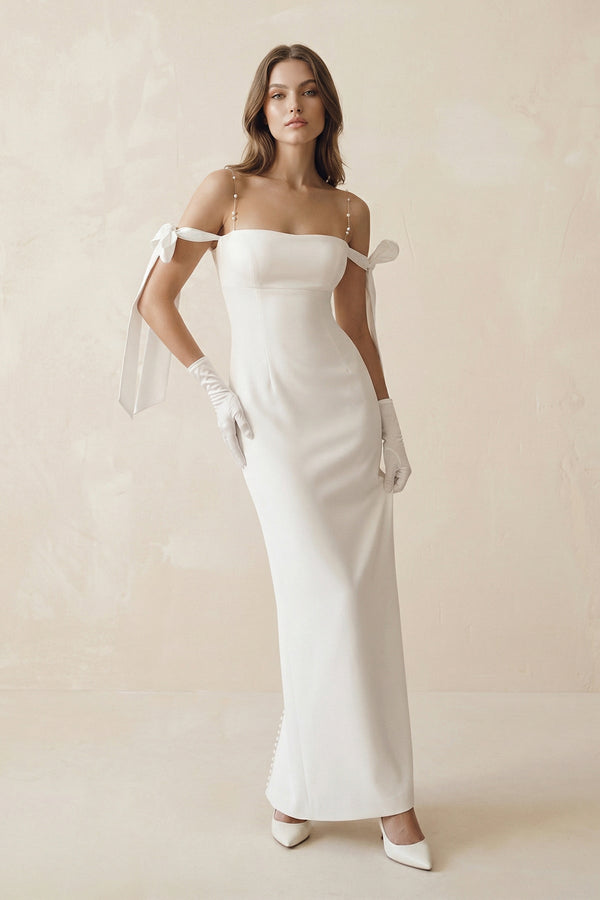 Off The Shoulder Satin Sheath Wedding Dress with Pearl in White - KISS BRIDAL Wedding Dresses
