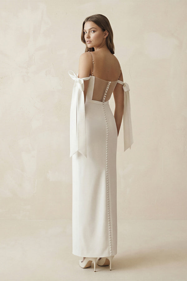 Off The Shoulder Satin Sheath Wedding Dress with Pearl in White - KISS BRIDAL Wedding Dresses