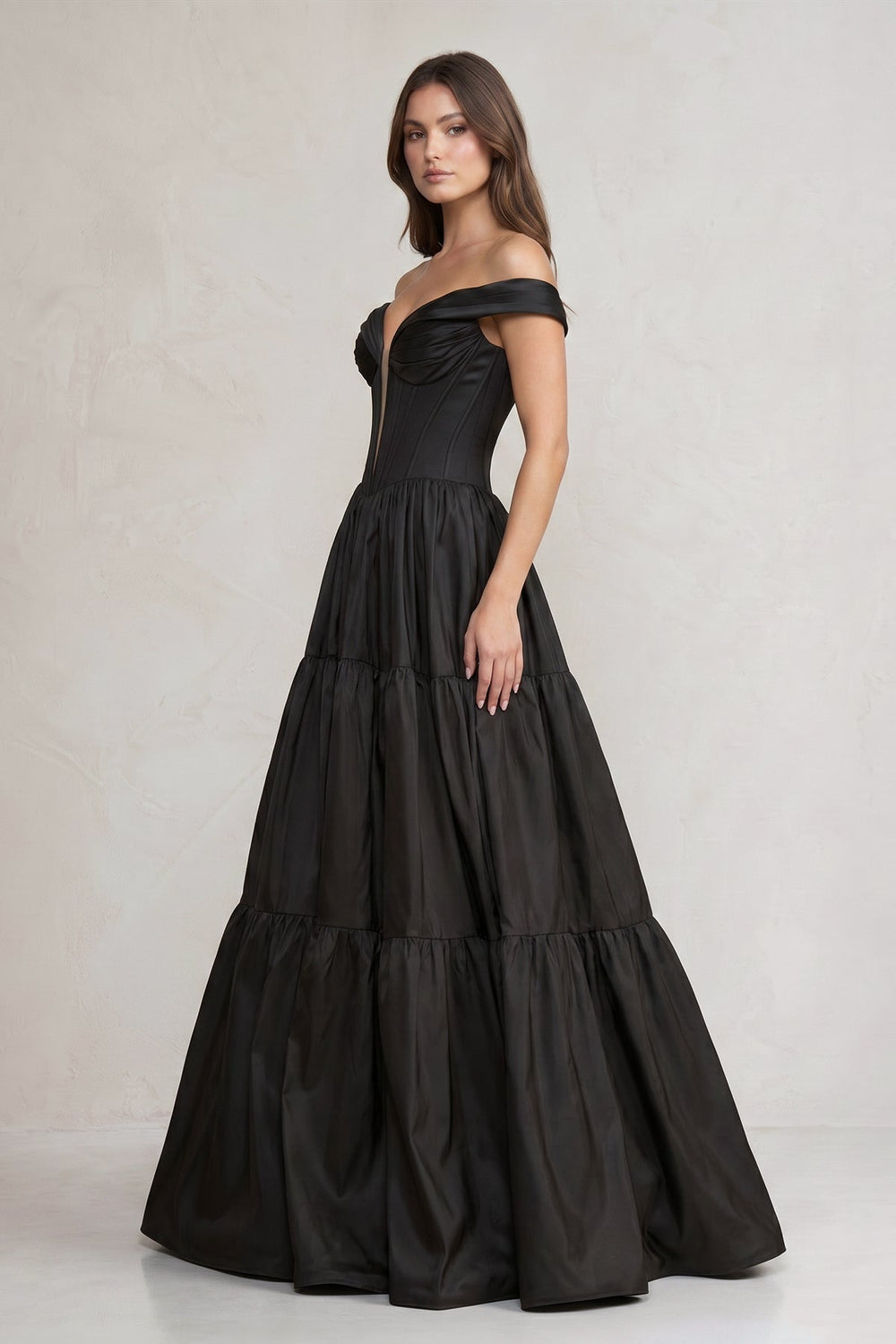 Off-the-Shoulder Satin Tiere Plunging Wedding Dress in Black