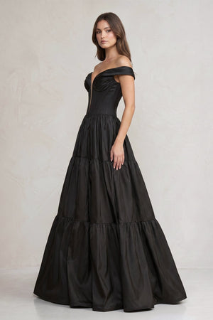 Off - the - Shoulder Satin Tiere Plunging Wedding Dress in Black - KISS BRIDAL Wedding Dresses