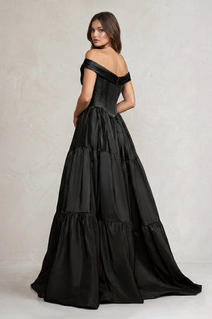 Off - the - Shoulder Satin Tiere Plunging Wedding Dress in Black - KISS BRIDAL Wedding Dresses