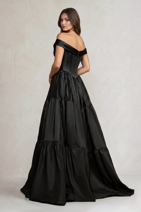 Off - the - Shoulder Satin Tiere Plunging Wedding Dress in Black - KISS BRIDAL Wedding Dresses