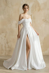 Off The Shoulder Satin Wedding Dress With Slit in White - KISS BRIDAL Wedding Dresses