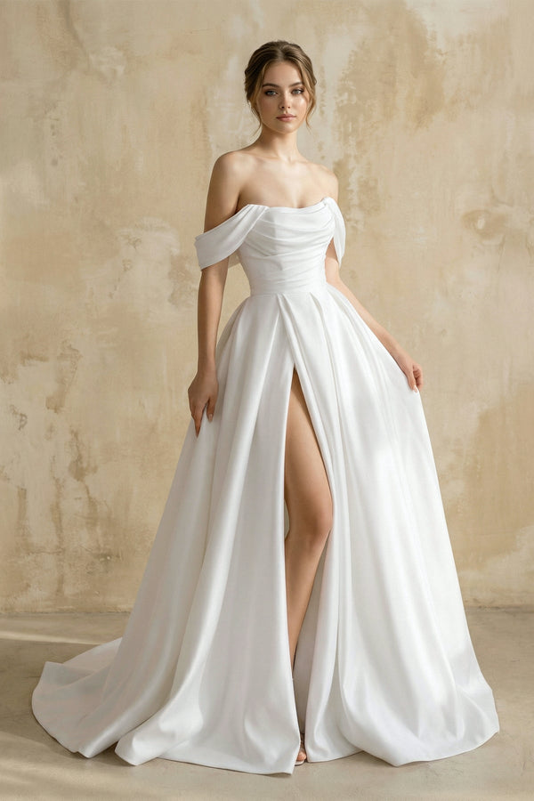Off The Shoulder Satin Wedding Dress With Slit in White - KISS BRIDAL Wedding Dresses