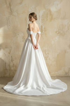 Off The Shoulder Satin Wedding Dress With Slit in White - KISS BRIDAL Wedding Dresses
