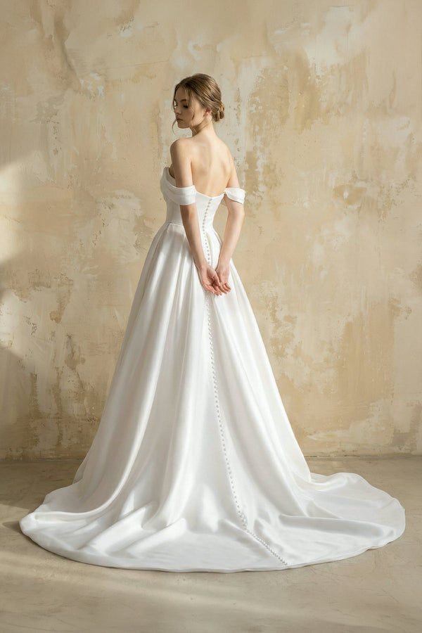 Off The Shoulder Satin Wedding Dress With Slit in White - KISS BRIDAL Wedding Dresses