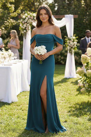Off - the - Shoulder Sheath Bridesmaid Dress with Slit - KISS BRIDAL Bridesmaid Dresses