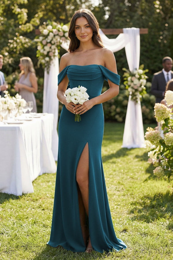 Off - the - Shoulder Sheath Bridesmaid Dress with Slit - KISS BRIDAL Bridesmaid Dresses