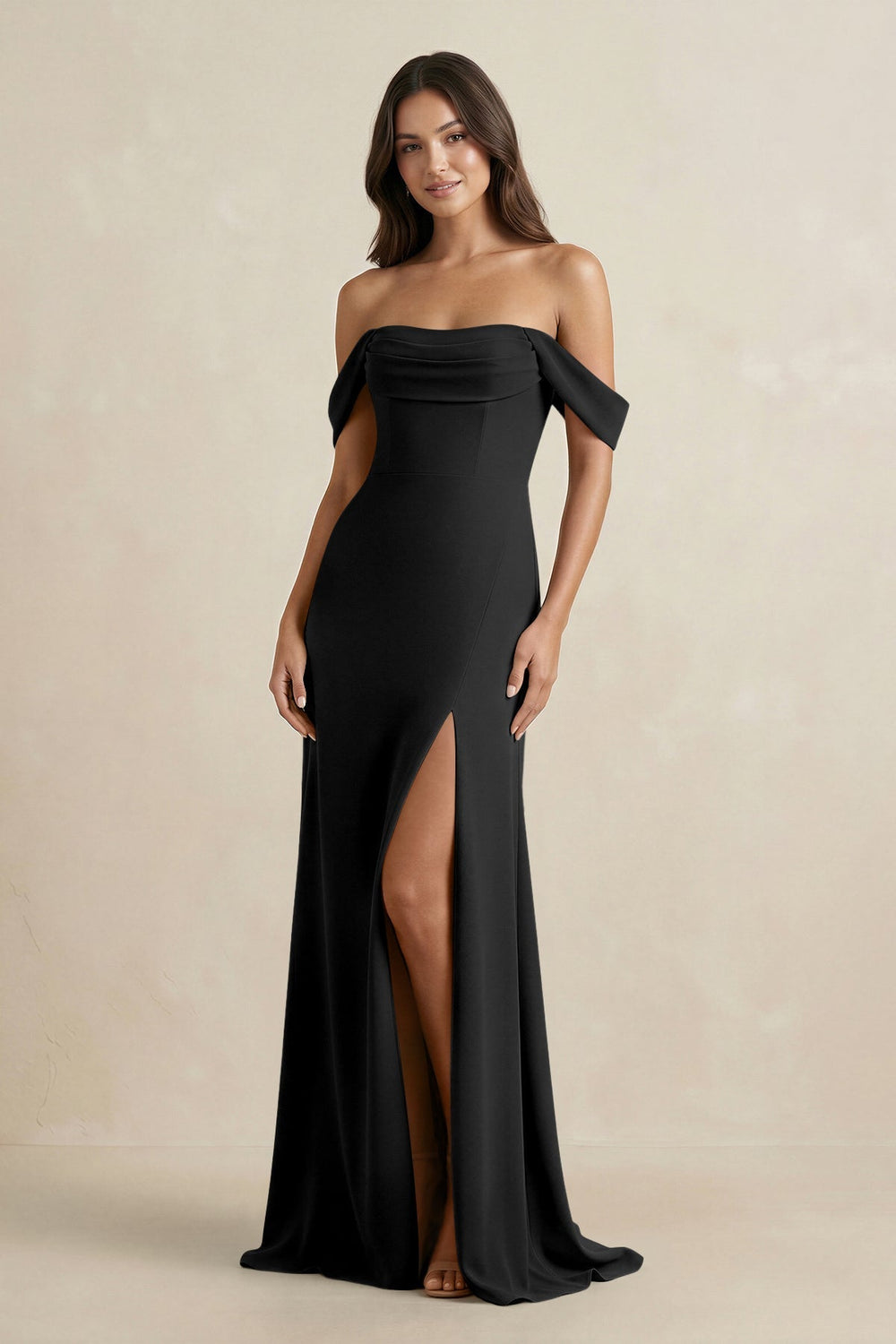 Off-the-Shoulder Sheath Bridesmaid Dress with Slit in Black
