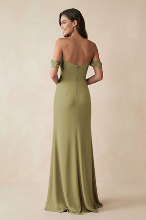 Off-the-Shoulder Sheath Bridesmaid Dress with Slit in Moss Green (2) | KISSBRIDAL