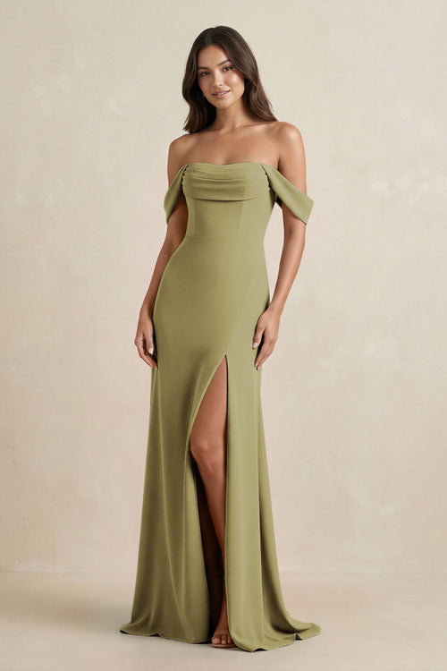 Off-the-Shoulder Sheath Bridesmaid Dress with Slit in Moss Green | KISSBRIDAL