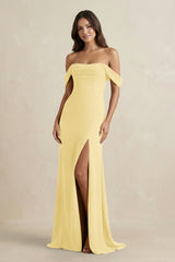 Off - the - Shoulder Sheath Bridesmaid Dress with Slit in Pastel Yellow - KISS BRIDAL Bridesmaid Dresses