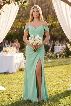 Off - the - Shoulder Sheath Chiffon Ruched Bridesmaid Dress - KISS BRIDAL Bridesmaid Dresses