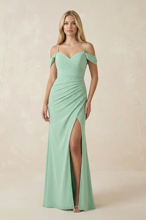 Off - the - Shoulder Sheath Chiffon Ruched Bridesmaid Dress - KISS BRIDAL Bridesmaid Dresses