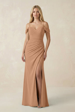 Off - the - Shoulder Sheath Chiffon Ruched Bridesmaid Dress in Bronzer - KISS BRIDAL Bridesmaid Dresses