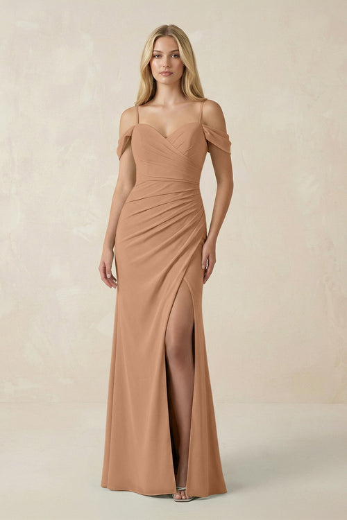 Off - the - Shoulder Sheath Chiffon Ruched Bridesmaid Dress in Bronzer - KISS BRIDAL Bridesmaid Dresses