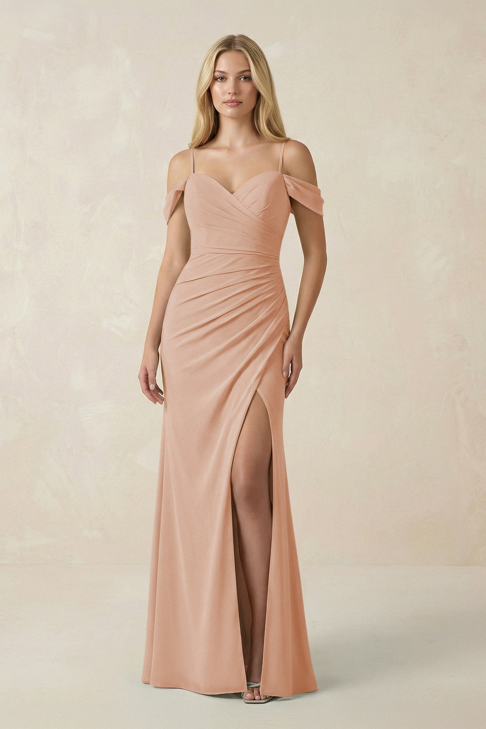 Off-the-Shoulder Sheath Chiffon Ruched Bridesmaid Dress in Champagne Rose