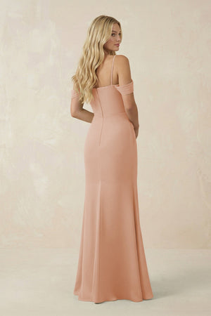 Off - the - Shoulder Sheath Chiffon Ruched Bridesmaid Dress in Champagne Rose - KISS BRIDAL Bridesmaid Dresses