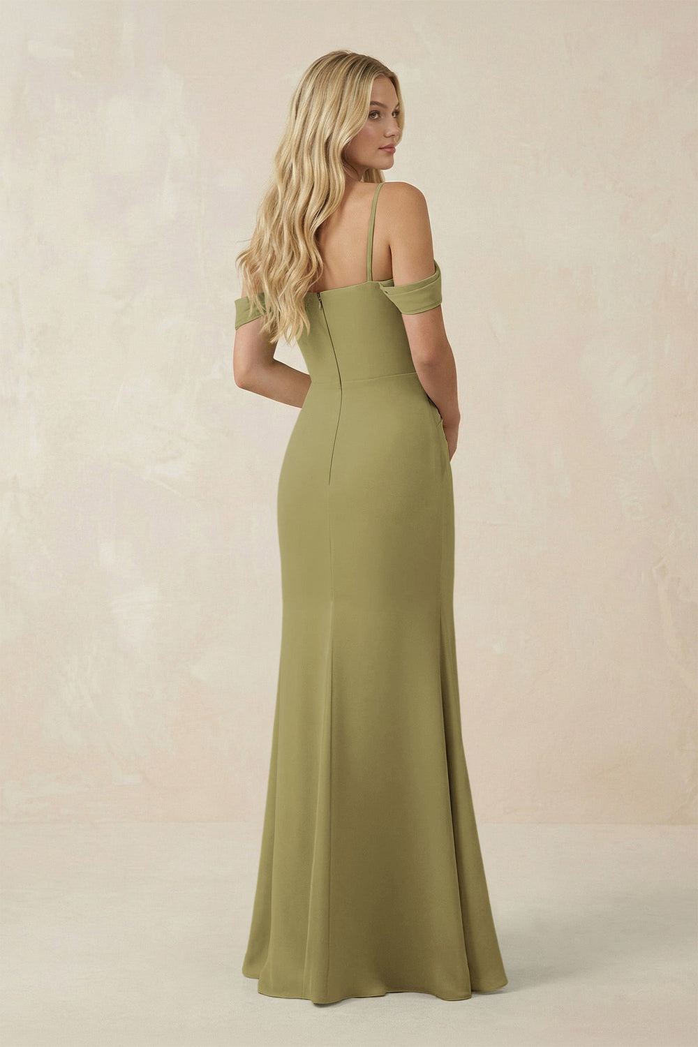 Off-the-Shoulder Sheath Chiffon Ruched Bridesmaid Dress in Moss Green