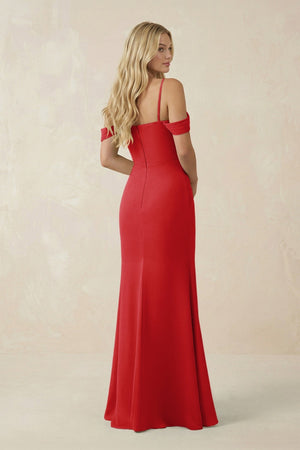 Off - the - Shoulder Sheath Chiffon Ruched Bridesmaid Dress in Ruby Red - KISS BRIDAL Bridesmaid Dresses