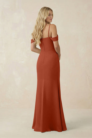 Off - the - Shoulder Sheath Chiffon Ruched Bridesmaid Dress in Spice - KISS BRIDAL Bridesmaid Dresses