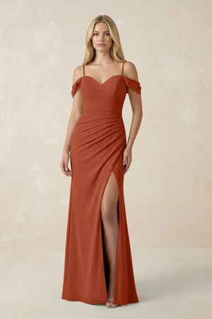 Off - the - Shoulder Sheath Chiffon Ruched Bridesmaid Dress in Spice - KISS BRIDAL Bridesmaid Dresses