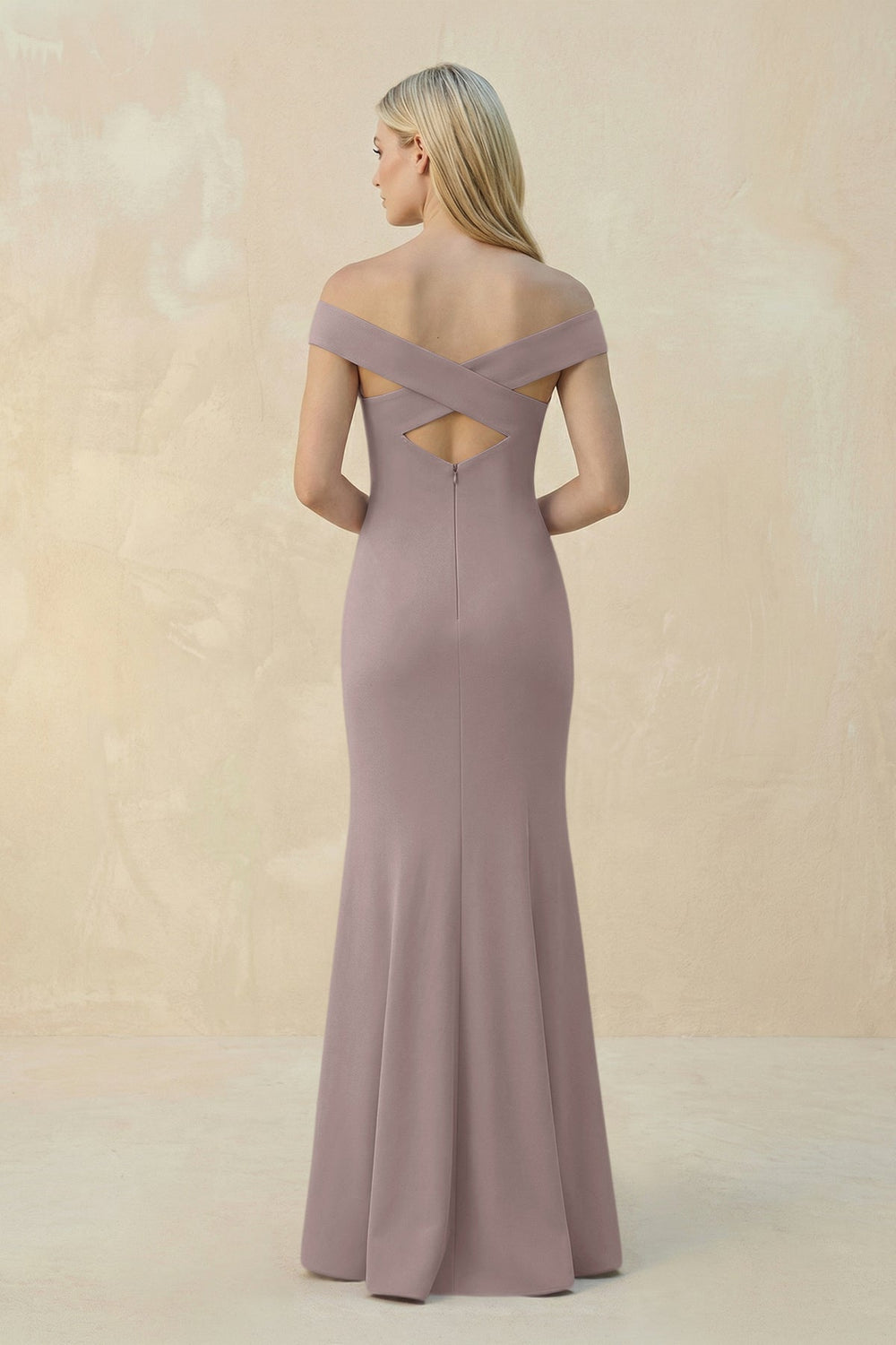 Off-the-Shoulder Sheath Matte Satin Bridesmaid Dress in Almond