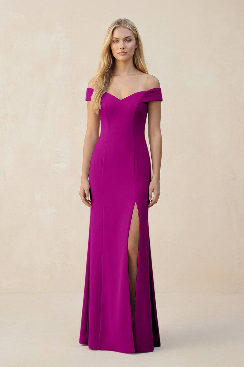 Off-the-Shoulder Sheath Matte Satin Bridesmaid Dress in Amethyst