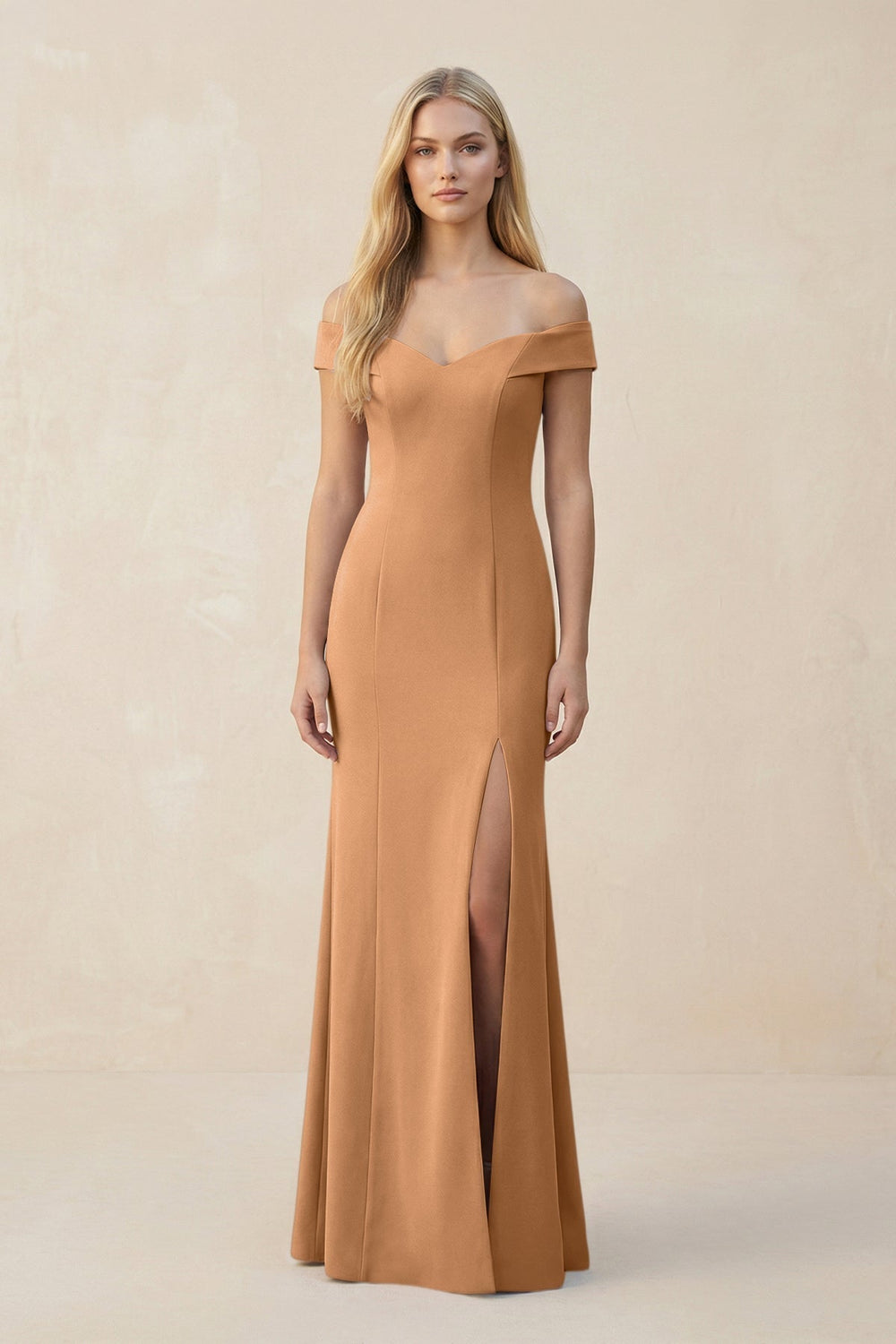 Off-the-Shoulder Sheath Matte Satin Bridesmaid Dress in Bronzer