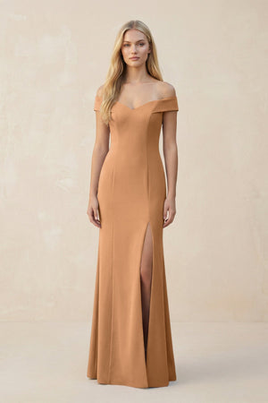 Off - the - Shoulder Sheath Matte Satin Bridesmaid Dress in Bronzer - KISS BRIDAL Bridesmaid Dresses