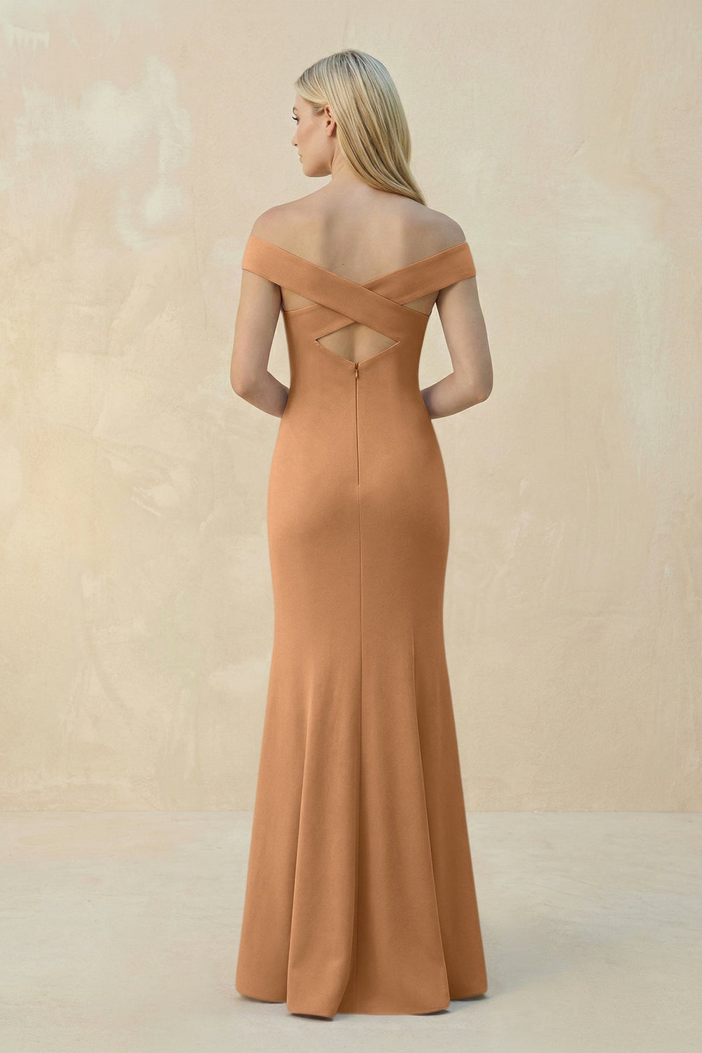 Off-the-Shoulder Sheath Matte Satin Bridesmaid Dress in Bronzer