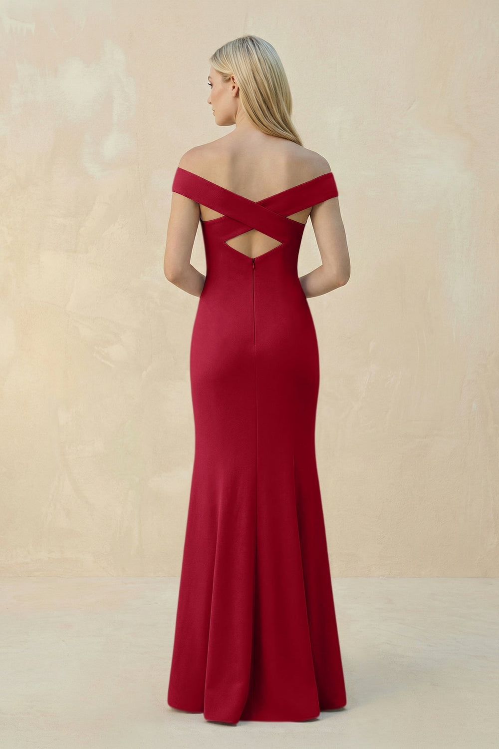Off-the-Shoulder Sheath Matte Satin Bridesmaid Dress in Burgundy