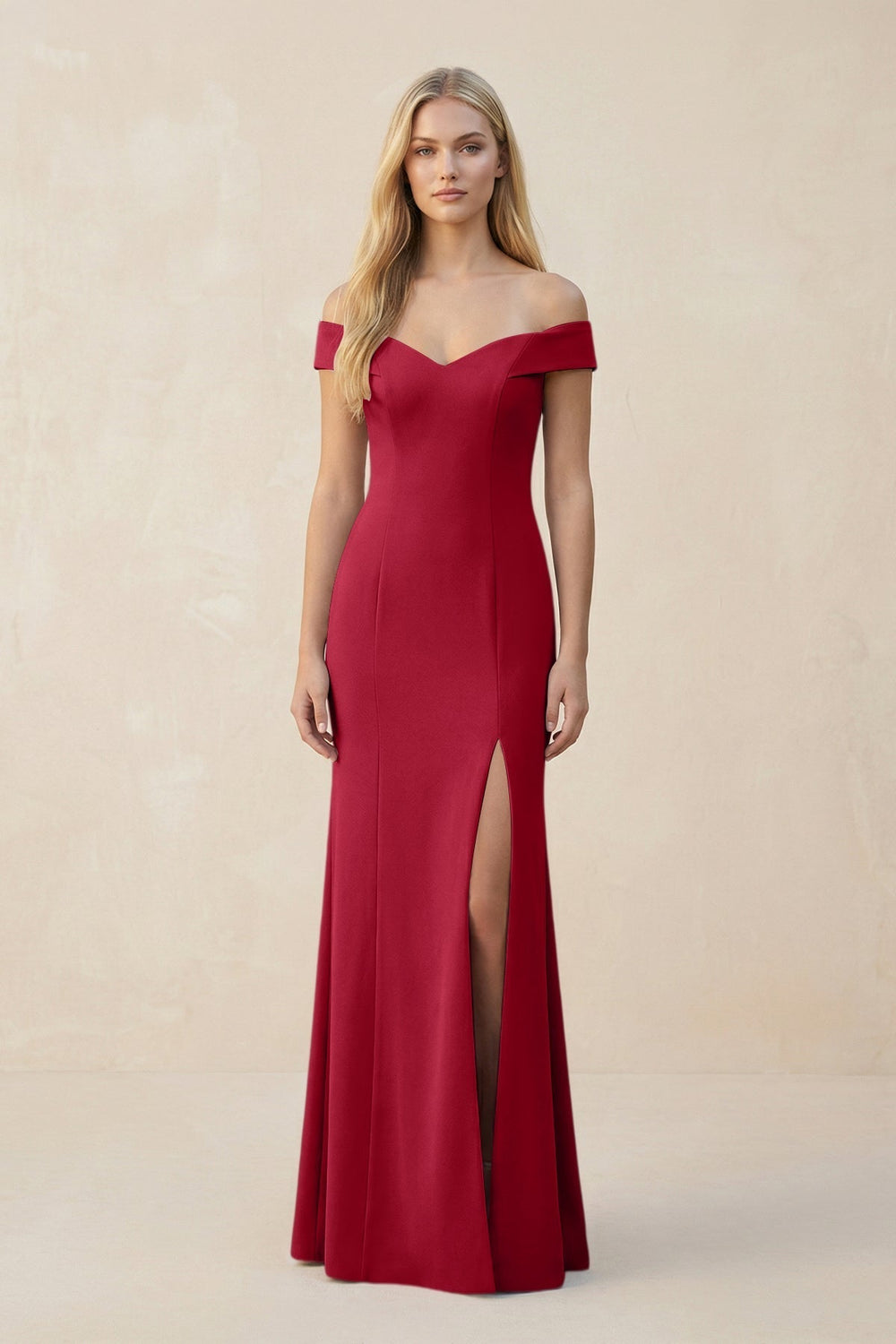 Off-the-Shoulder Sheath Matte Satin Bridesmaid Dress in Burgundy