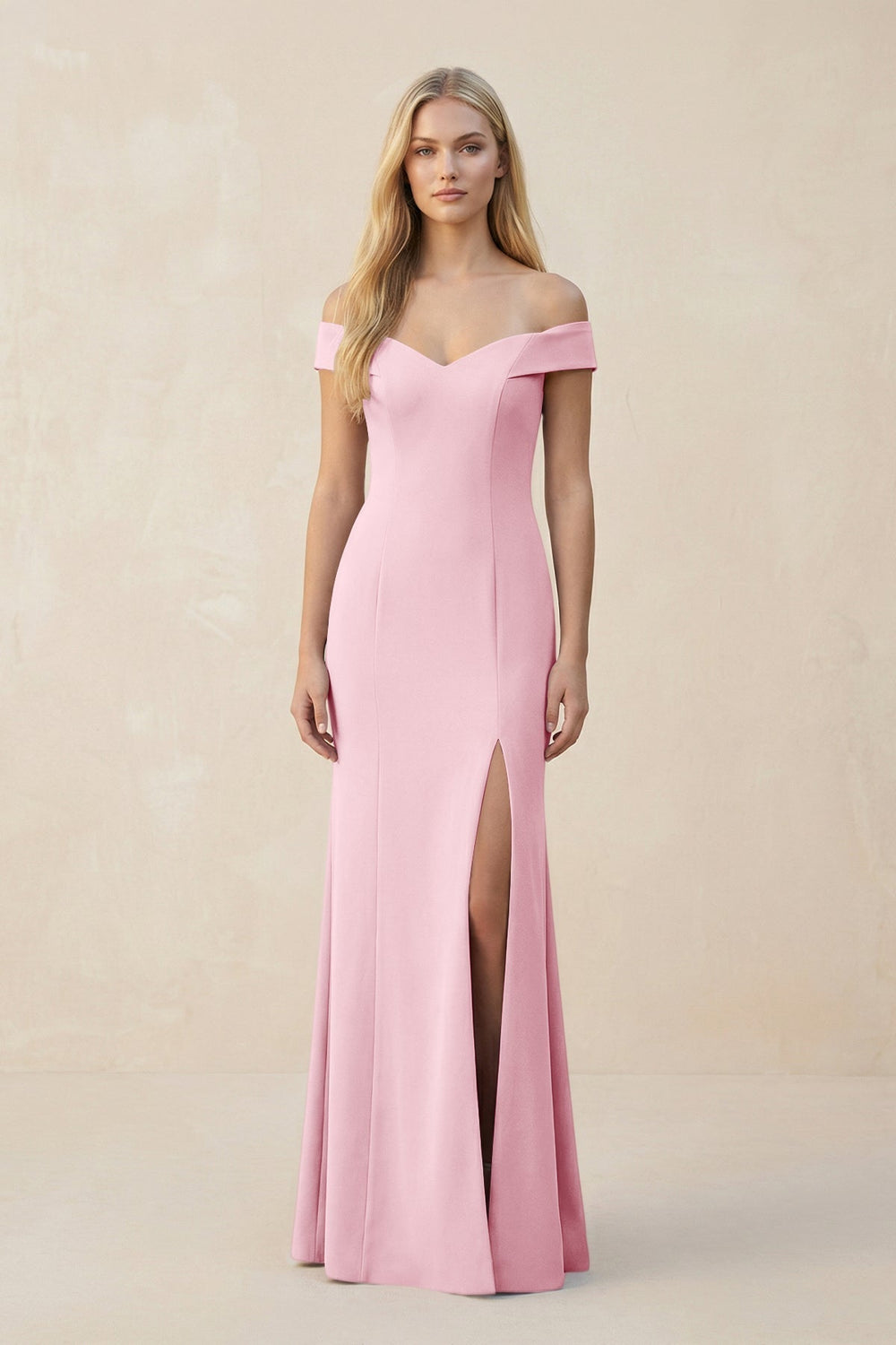 Off-the-Shoulder Sheath Matte Satin Bridesmaid Dress in Candy Pink