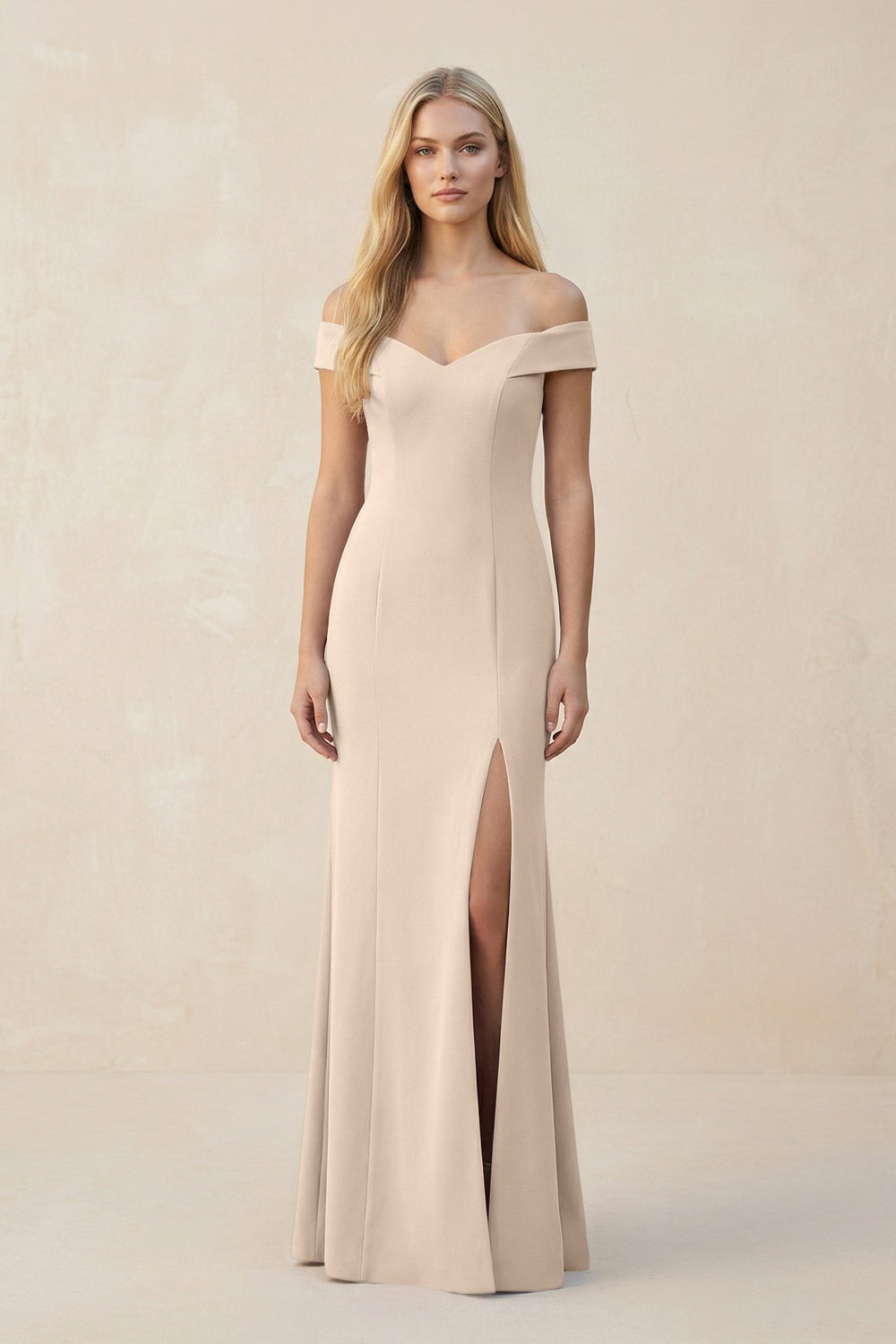 Off-the-Shoulder Sheath Matte Satin Bridesmaid Dress in Champagne
