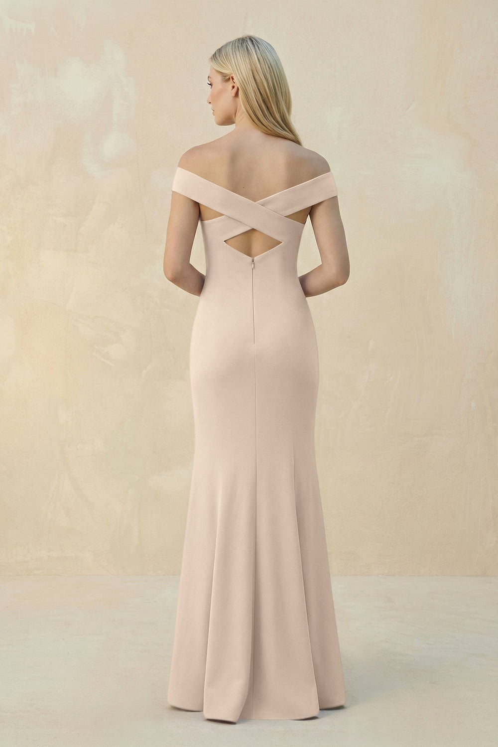 Off-the-Shoulder Sheath Matte Satin Bridesmaid Dress in Champagne