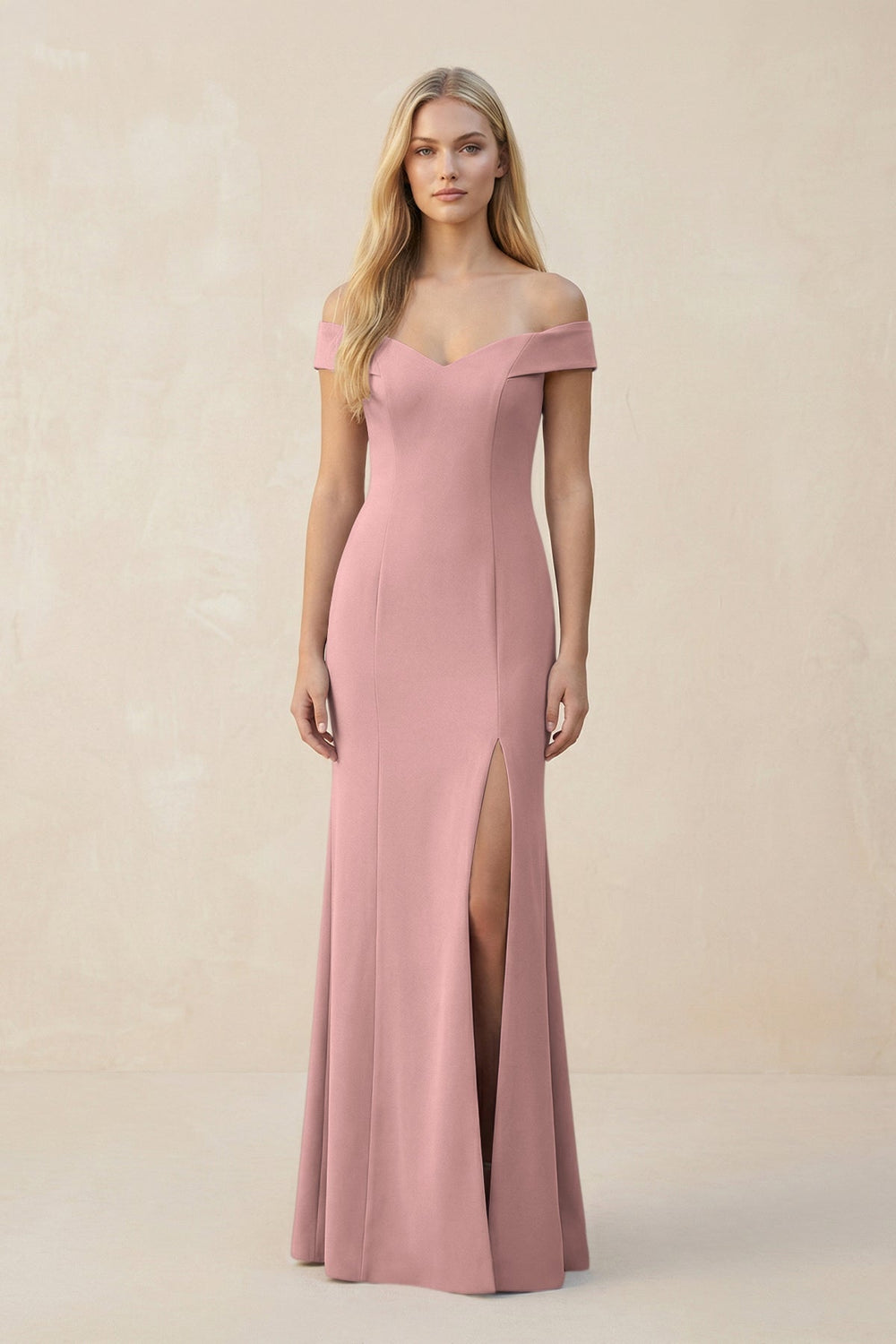 Off-the-Shoulder Sheath Matte Satin Bridesmaid Dress in Champagne Rose