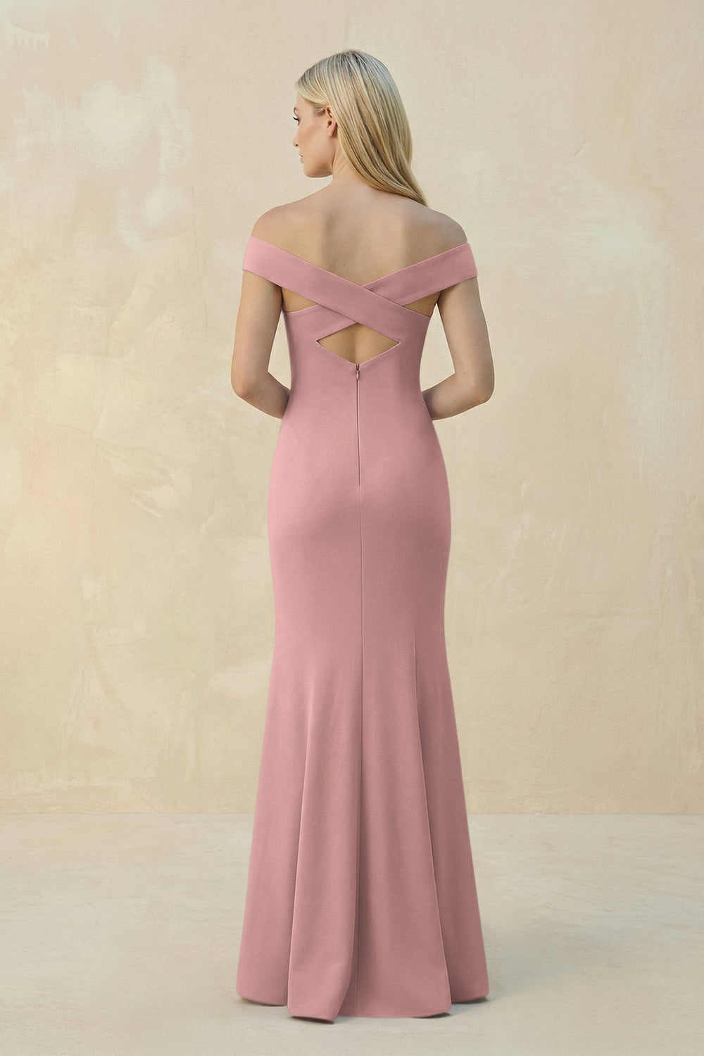 Off-the-Shoulder Sheath Matte Satin Bridesmaid Dress in Champagne Rose