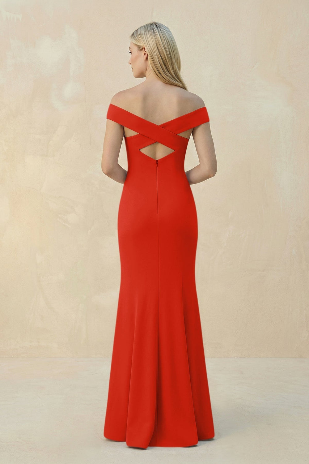 Off-the-Shoulder Sheath Matte Satin Bridesmaid Dress in Cinnamon