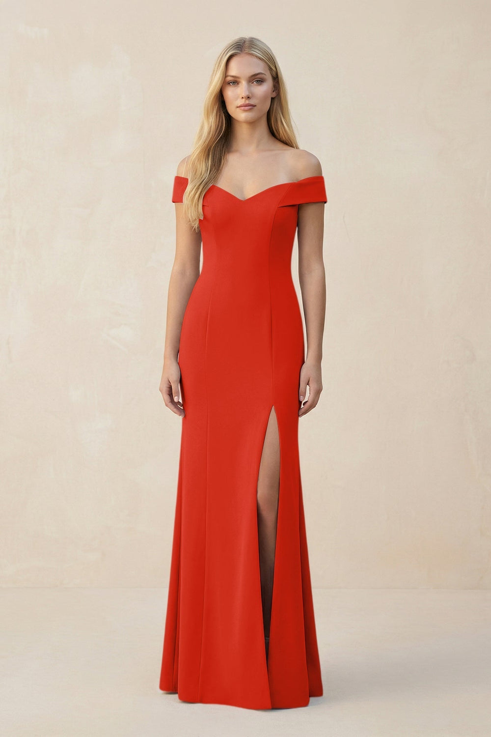 Off-the-Shoulder Sheath Matte Satin Bridesmaid Dress in Cinnamon
